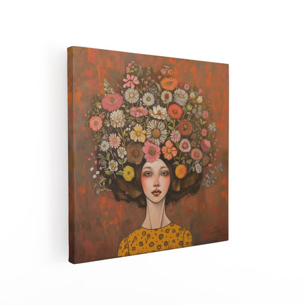 Canvas schilderij vierkant Vrouw met Bloemen op haar Hoofd