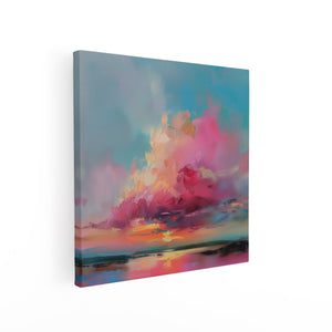 Canvas schilderij vierkant Kunstwerk van een Zonsondergang met Roze en Blauwe Wolken