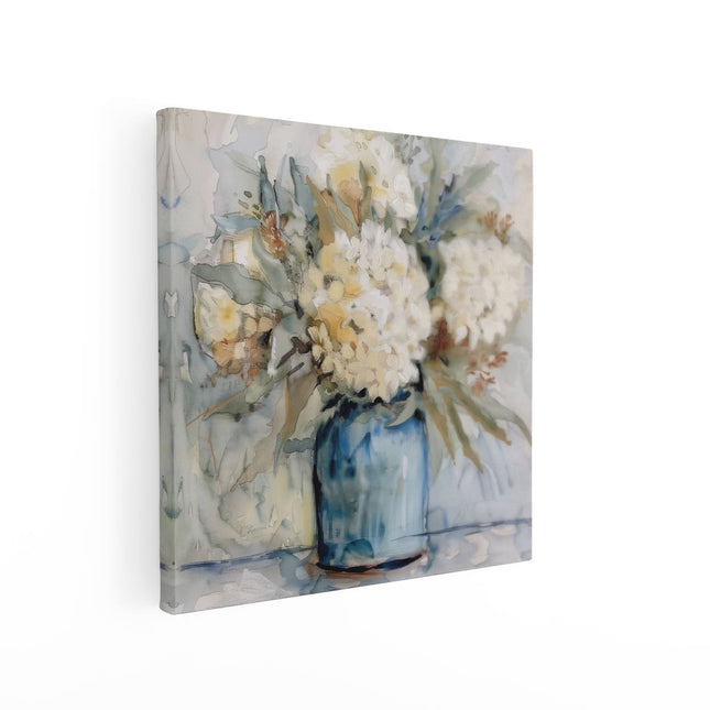 Canvas schilderij vierkant Witte Bloemen in een Blauwe Vaas