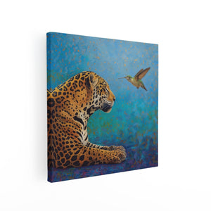 Canvas schilderij vierkant Kunstwerk van een Jaguar en een Kolibrie