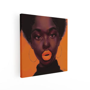 Canvas schilderij vierkant Zwarte Vrouw met Oranje Lippen