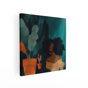 Canvas schilderij vierkant Illustratie van een Vrouw met Afrohaar en een Potplant