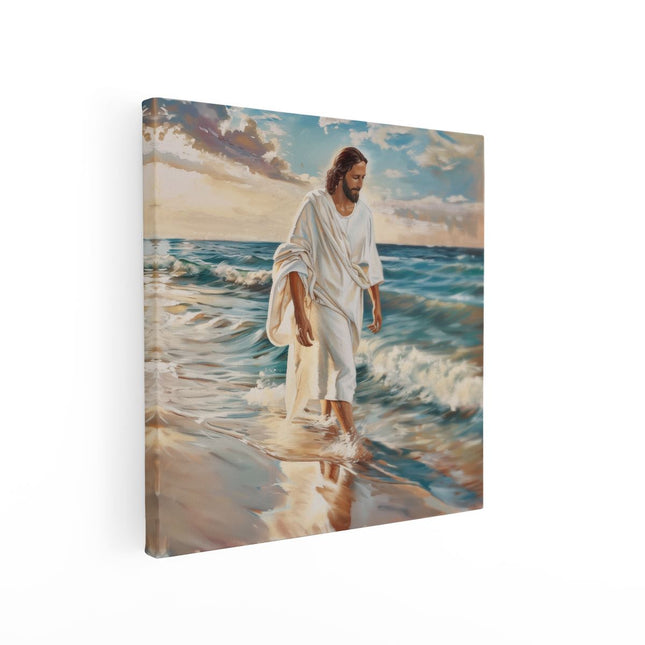 Canvas schilderij vierkant Jezus loopt op het Strand