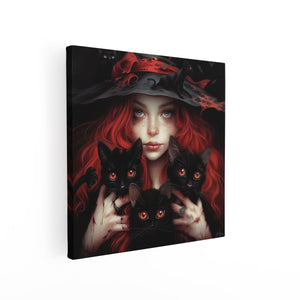 Canvas schilderij vierkant Meisje met Zwarte Katten die een Heksenhoed Vasthouden