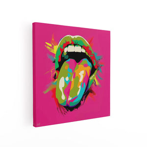 Canvas schilderij vierkant De Tong van de Rollende Stenen op een Roze Achtergrond