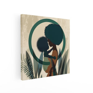 Canvas schilderij vierkant Vrouw met Afrohaar Houdt een Baby in haar Armen