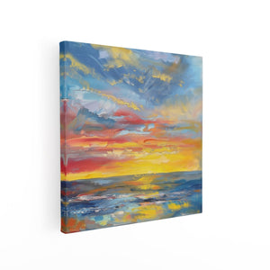 Canvas schilderij vierkant Olieverfschilderij van een Zonsondergang boven de Oceaan