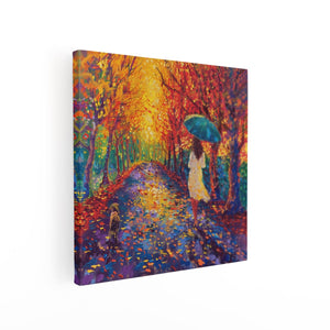 Canvas schilderij vierkant Vrouw loopt een Pad Af met een Paraplu