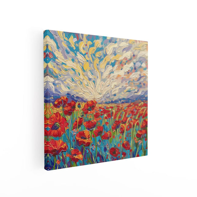 Canvas schilderij vierkant Rode Klaprozen in een Veld met een Blauwe Lucht