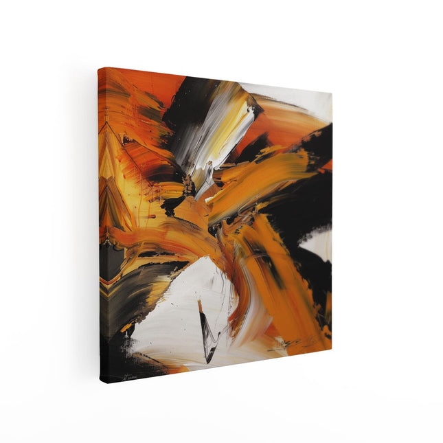 Canvas schilderij vierkant Abstract Kunstwerk met Oranje en Zwarte Strepen