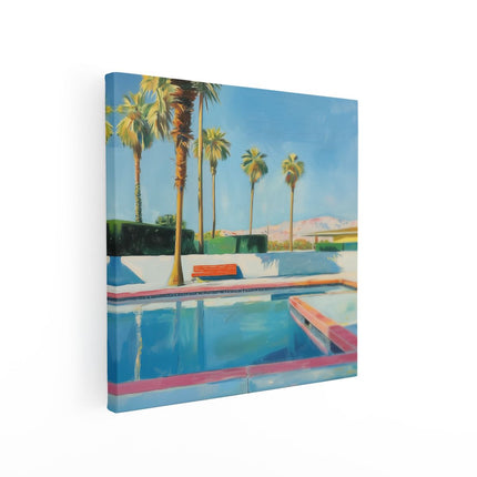 Canvas schilderij vierkant Kunstwerk van een Zwembad met Palmbomen