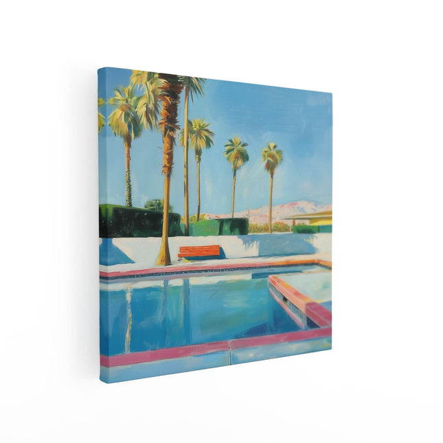 Canvas schilderij vierkant Kunstwerk van een Zwembad met Palmbomen