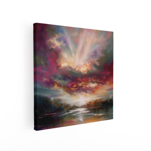 Canvas schilderij vierkant Kunstwerk van een Zonsondergang boven een Rivier