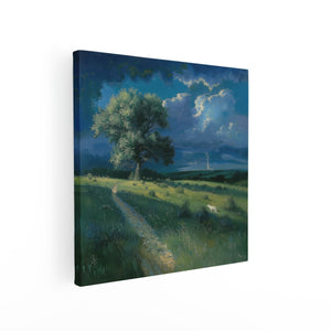 Canvas schilderij vierkant Kunstwerk van een Grasveld met een Boom