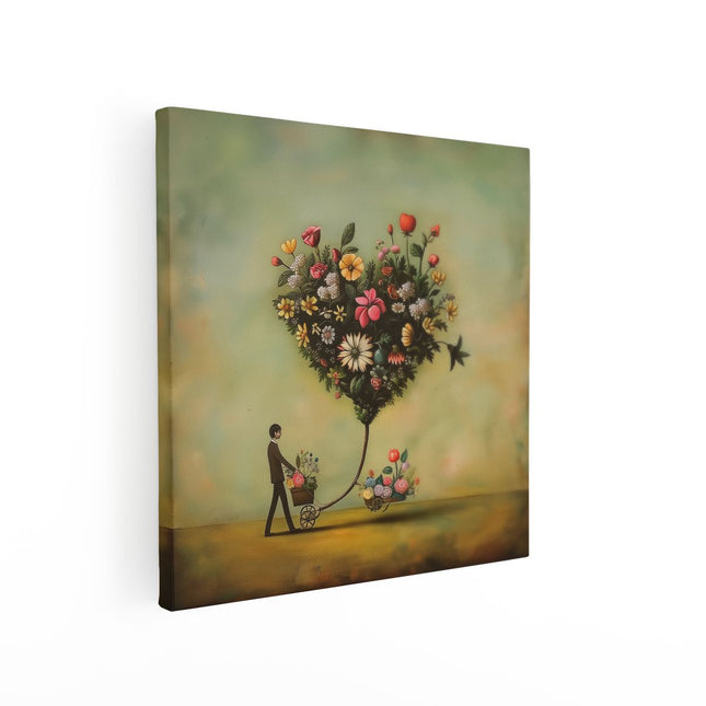 Canvas schilderij vierkant Man die een Kar Voortduwt met een Hartvormig Boeket Bloemen