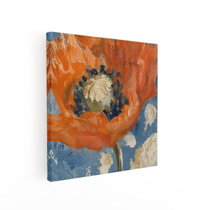 Canvas schilderij vierkant Oranje Papaver op een Blauwe Achtergrond