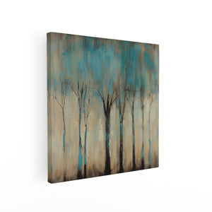 Canvas schilderij vierkant Kunstwerk van Bomen in Blauw en Bruin