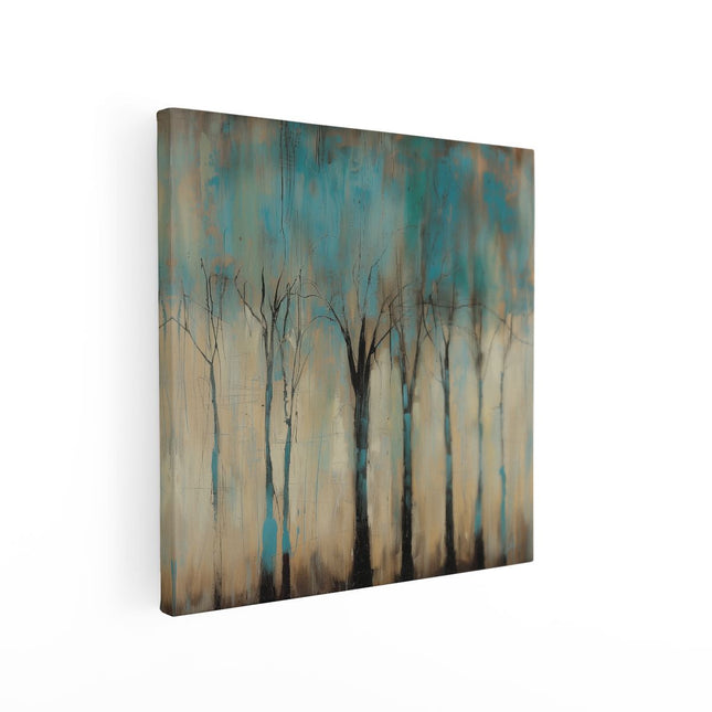 Canvas schilderij vierkant Kunstwerk van Bomen in Blauw en Bruin