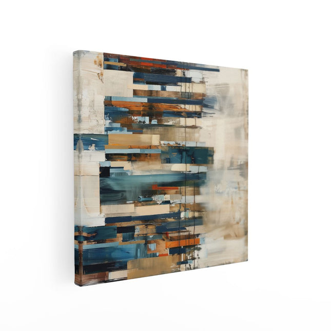 Canvas schilderij vierkant Abstract Kunstwerk met Blauwe, Bruine en Beige Kleuren