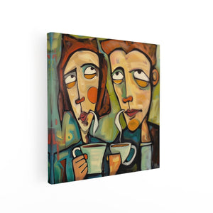 Canvas schilderij vierkant Twee Mensen die Koffie Drinken