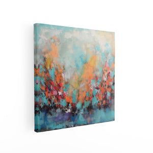 Canvas schilderij vierkant Abstract Kunstwerk van Bomen in Blauw en Oranje