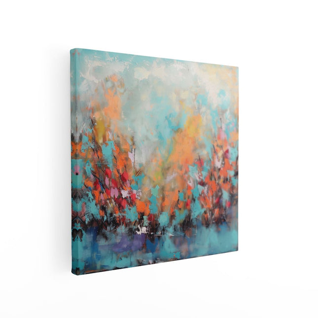 Canvas schilderij vierkant Abstract Kunstwerk van Bomen in Blauw en Oranje