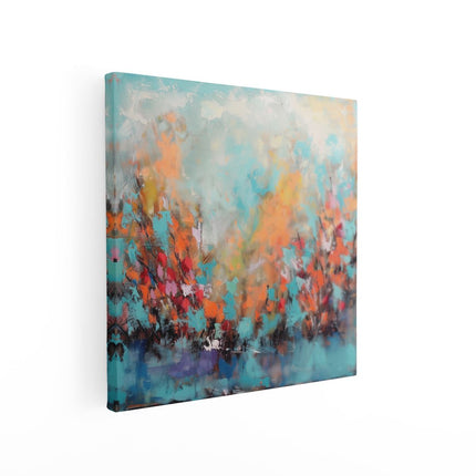 Canvas schilderij vierkant Abstract Kunstwerk van Bomen in Blauw en Oranje
