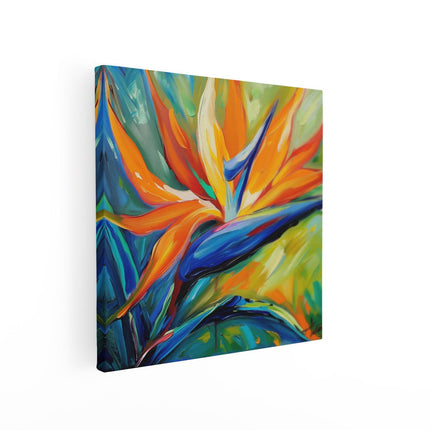 Canvas schilderij vierkant Oranje en Blauw Kunstwerk van een Paradijsvogelbloem