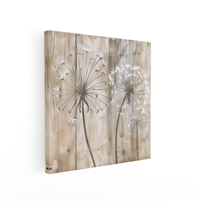 Canvas schilderij vierkant Paardebloemen op een Houten Plank