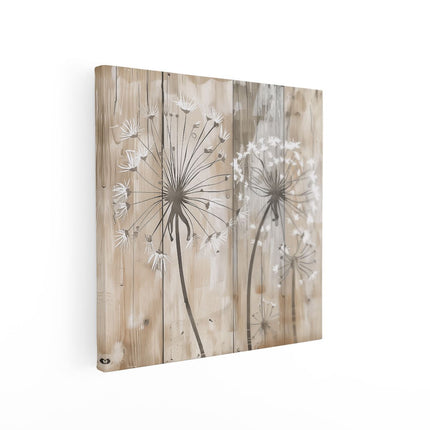 Canvas schilderij vierkant Paardebloemen op een Houten Plank