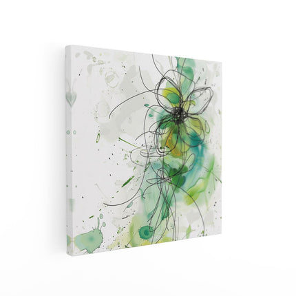 Canvas schilderij vierkant Abstract Kunstwerk van een Groene Bloem met Splatters