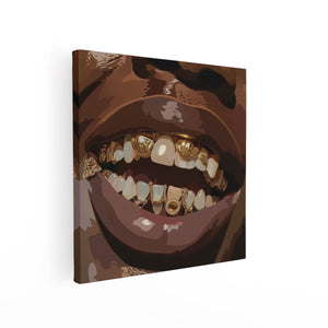 Canvas schilderij vierkant Man die Lacht met Gouden Beugels op zijn Tanden
