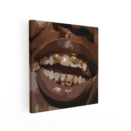Canvas schilderij vierkant Man die Lacht met Gouden Beugels op zijn Tanden