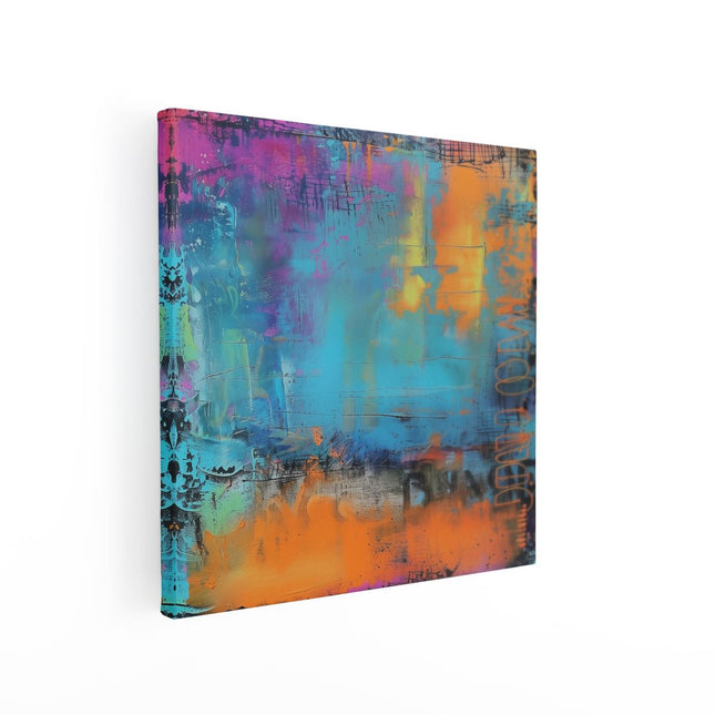 Canvas schilderij vierkant Abstract Kunstwerk met Blauwe, Oranje en Gele Kleuren
