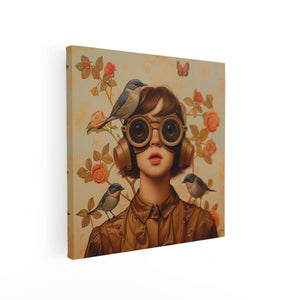 Canvas schilderij vierkant Meisje met Vogels op haar Hoofd