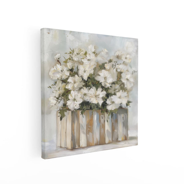 Canvas schilderij vierkant Witte Bloemen in een Houten Kist