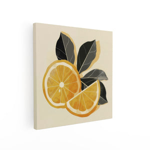 Canvas schilderij vierkant Twee Stukjes Sinaasappel met Bladeren op een Beige Achtergrond