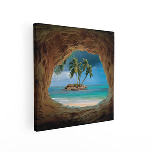 Canvas schilderij vierkant Grot met Uitzicht op de Oceaan en Palmbomen