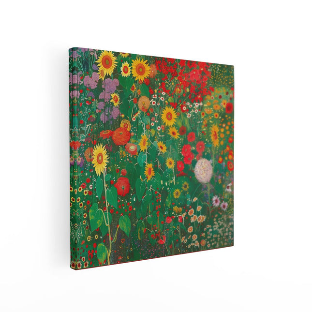 Canvas schilderij vierkant Kunstwerk van een Tuin met Zonnebloemen en andere Bloemen