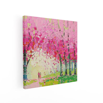 Canvas schilderij vierkant Kunstwerk van een Stel dat door Roze Bloeiende Bomen loopt