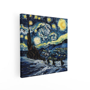 Canvas schilderij vierkant Kunstwerk van een Sterrennacht met Mensen op Ski's
