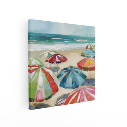 Canvas schilderij vierkant Kleurrijke Parasols op het Strand