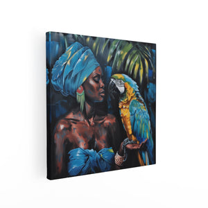Canvas schilderij vierkant Kunstwerk van een Vrouw met een Papegaai