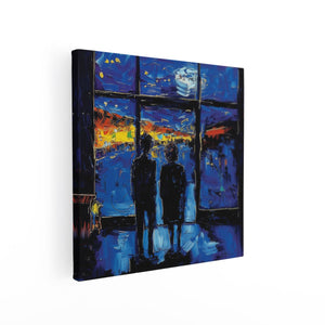Canvas schilderij vierkant Twee Mensen die 's Nachts uit een Raam Kijken