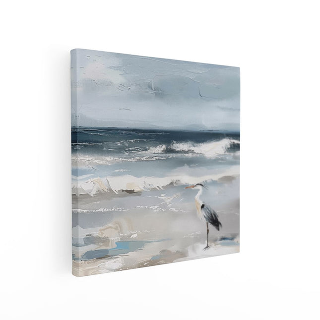 Canvas schilderij vierkant Kunstwerk van een Reiger op het Strand
