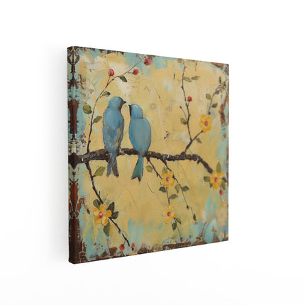 Canvas schilderij vierkant Twee Blauwe Vogels Zittend op een Tak