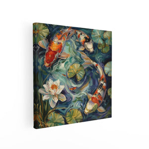 Canvas schilderij vierkant Drie Koivissen in een Vijver met Waterlelies