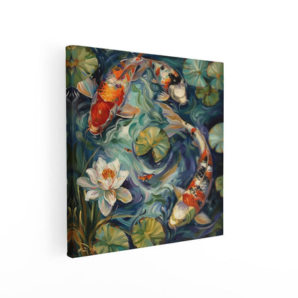 Canvas schilderij vierkant Drie Koivissen in een Vijver met Waterlelies