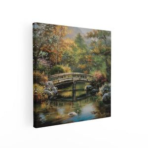 Canvas schilderij vierkant Kunstwerk van een Brug over een Vijver met Zwanen