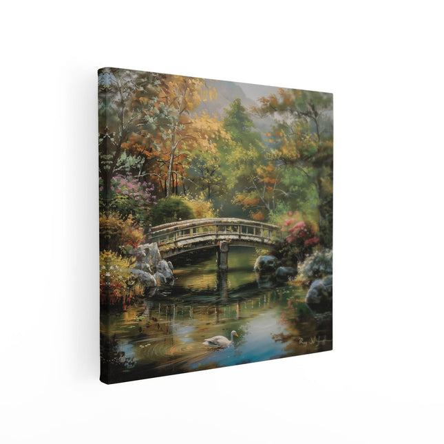 Canvas schilderij vierkant Kunstwerk van een Brug over een Vijver met Zwanen